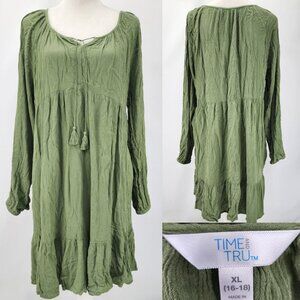 Time and Tru Womens XL 16-18 Olive Green Long Sleeve Rayon Crinkle Peasant Dress